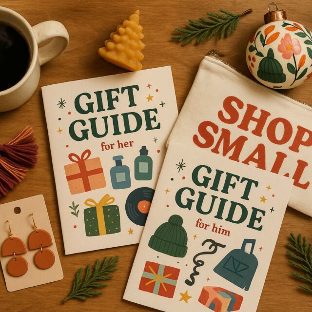 A festive flatlay of indie retail products next to Christmas gift guides and a steaming mug of coffee.
