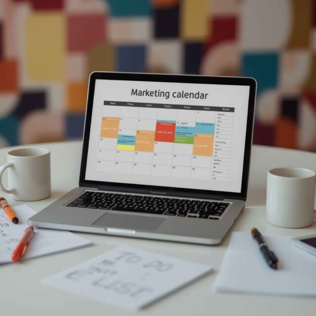 A laptop open to a colourful marketing calendar, surrounded by to-do lists, mugs, and handwritten notes.