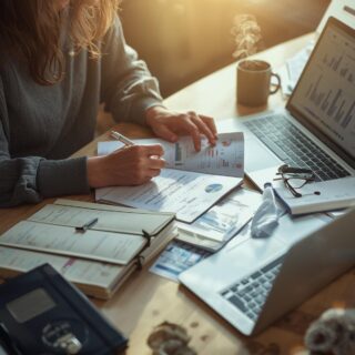 Independent shop owner planning the sales year with notes, coffee, and a laptop