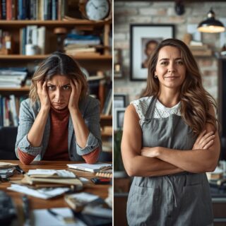 Side-by-side photos: stressed indie retailer with ad hoc tasks vs calm retailer with clear plan