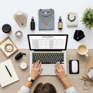 Small business owner reviewing their Black Friday promotion strategy on a laptop, surrounded by product stock.