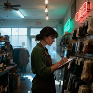 Indie retail shop owner reviewing inventory for stock management